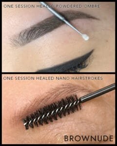 Close-up of eyebrow with healed powdered ombre treatment and nano hairstrokes.
