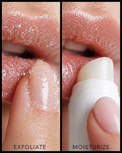 Close-up of lips showing exfoliation and moisturizing with lip balm for smooth, healthy lips.