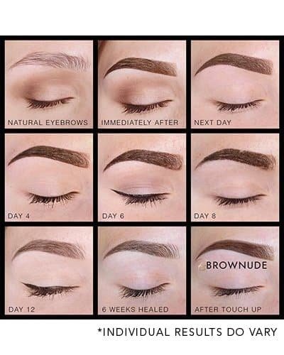 Eyebrow enhancement timeline showing natural to healed brows with Brownude.