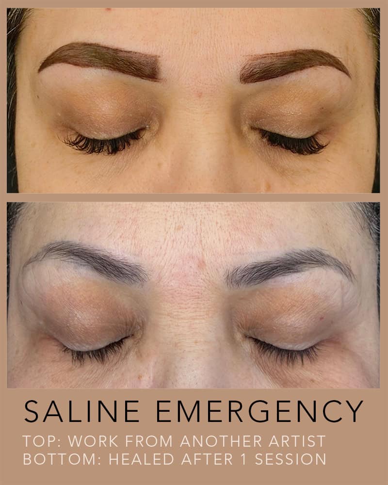 Close-up of eyebrows showing before and after eyebrow treatment results.