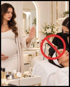 Pregnant woman refusing microblading treatment at a beauty salon.