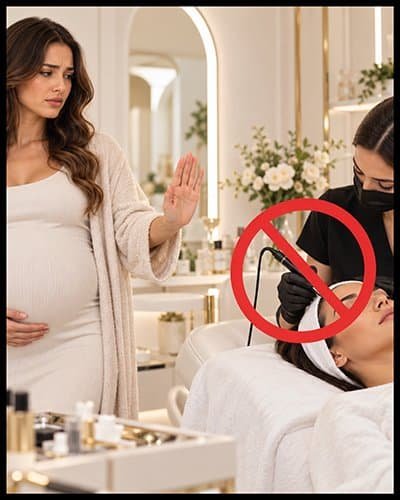 Pregnant woman refusing microblading treatment at a beauty salon.