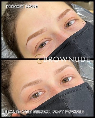 Before and after eyebrow enhancement at Brownude, showcasing natural, well-shaped eyebrows.