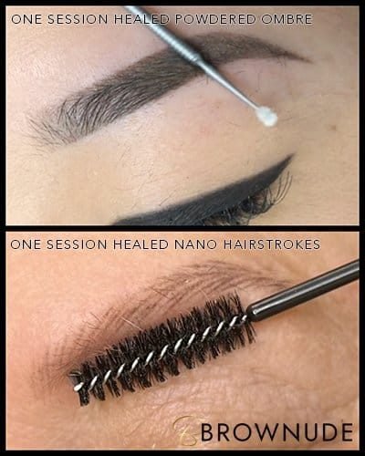 Close-up of eyebrow with healed powdered ombre treatment and nano hairstrokes.