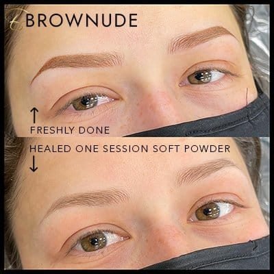 Close-up of freshly done eyebrows after one session of soft powder treatment.