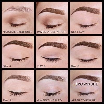 Progression of natural eyebrows from initial to healed, showing shaping and grooming results.