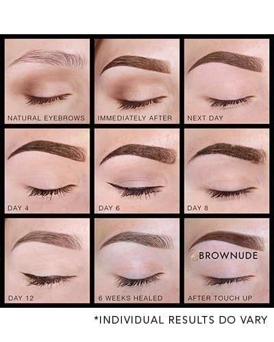 Eyebrow enhancement timeline showing natural to healed brows with Brownude.