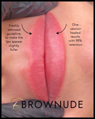 Close-up of healed lip blush tattoo showing natural color and fullness.