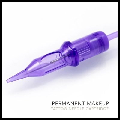 Close-up of purple tattoo needle cartridge for permanent makeup application.